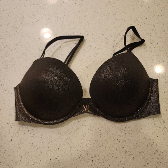 Victorias Secret Push Up Bra 32D Black Gold Metallic Padded Underwire - Picture 1 of 7